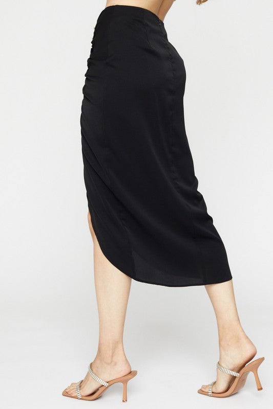 Shirred Front Slit Midi Skirt