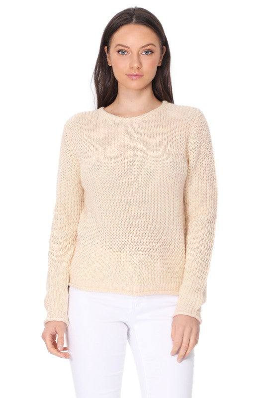 Light Weight Waffle Knit Rollup Finish Sweater Top