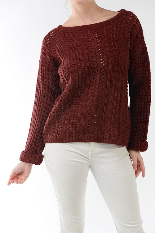 Leaf Crochet Detailed Rolled Up Sleeve Sweater