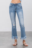 Long Bottom Frayed Crop Flare Jeans 