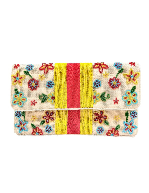 Yellow Stripe Florals Beaded Clutch