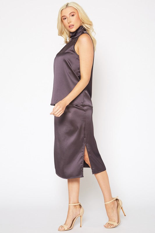 Pleione Satin High Waist Side Slit Midi Skirt