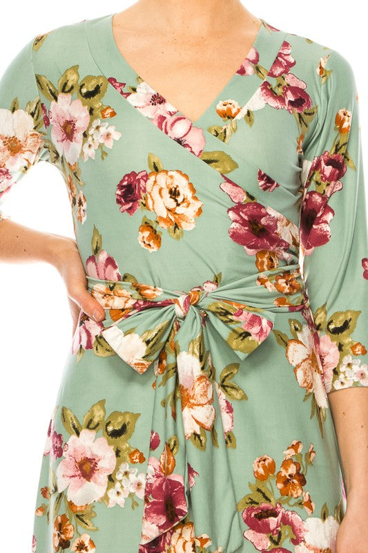 Floral Print Faux Wrap Dress With Deep V-neck