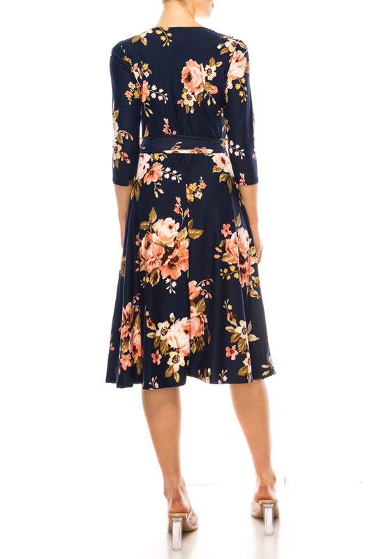 Floral Print, Faux Wrap Dress in Navy
