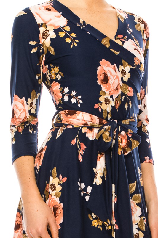 Floral Print, Faux Wrap Dress in Navy