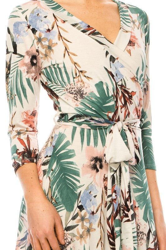 Floral Print, Faux Wrap Dress in Taupe