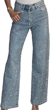 Straight Leg Jeans Rhinestone Denim Pants Glitter Jeans
