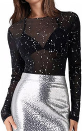 Cowboy Western Outfits Mesh Round Neckline Star Bodysuit