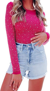 Women Rhinestone Long Sleeve Thong Shirt