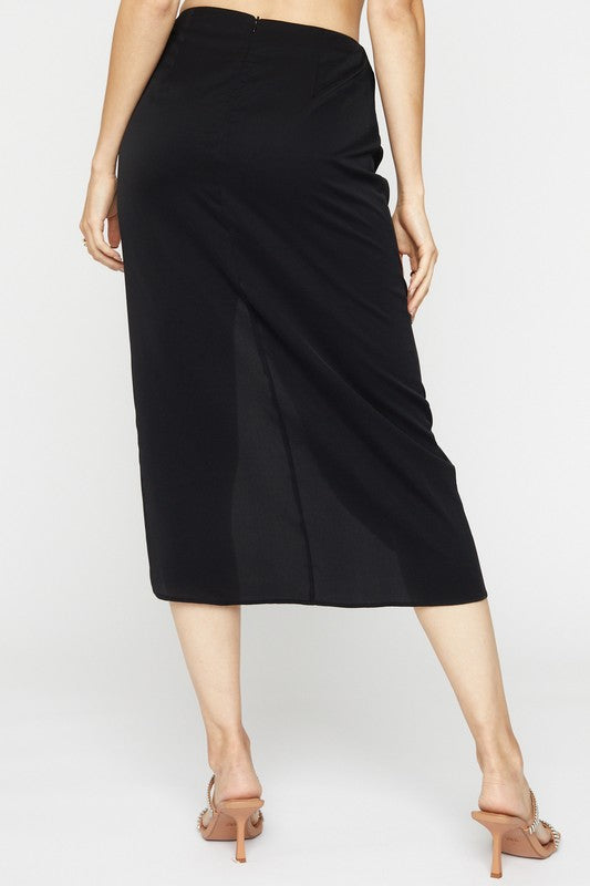 Shirred Front Slit Midi Skirt