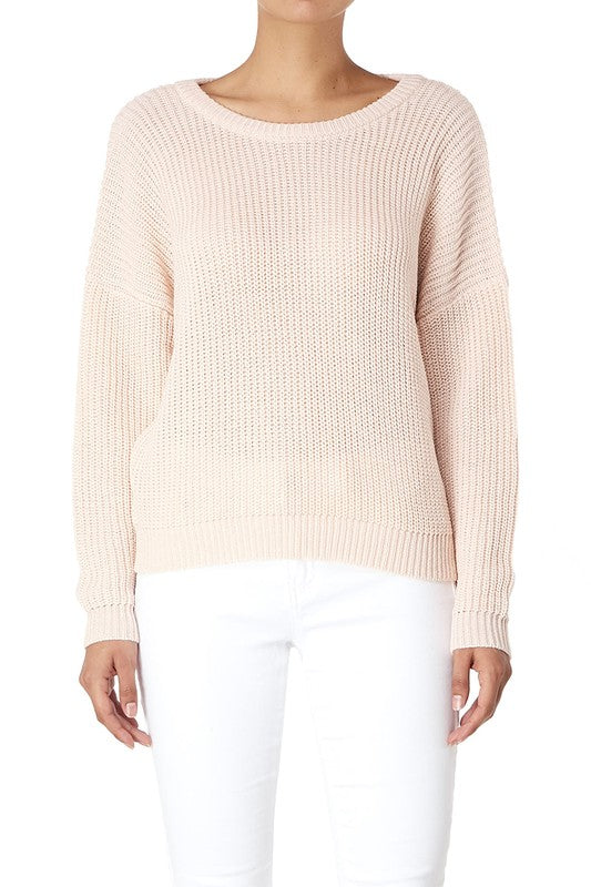 Waffle Stitch Bat Wing Bow Back Pullover Sweater