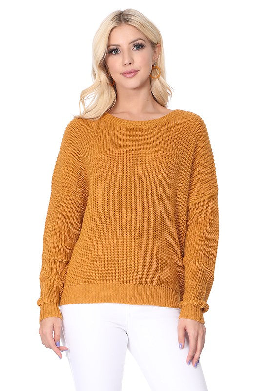 Waffle Stitch Bat Wing Bow Back Pullover Sweater