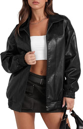 Leather Jacket Women Faux Oversized Motorcycle Bomber