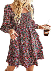 Long Sleeve Square Neck Smocked Floral Swiss Dot Mini Dress