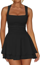 Square Neck Mini Dress Ruched Waist Short Party Dresses