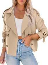 Women Crop Double Breasted Trench Jacket