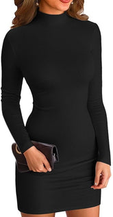 Women Mock Neck Bodycon Dress Long Sleeve Mini Dresses
