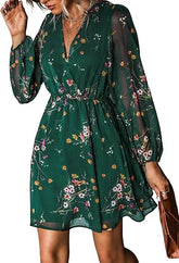 Women's Mini V Neck Chiffon Long Peasant Sleeves Flowy Summer Dress