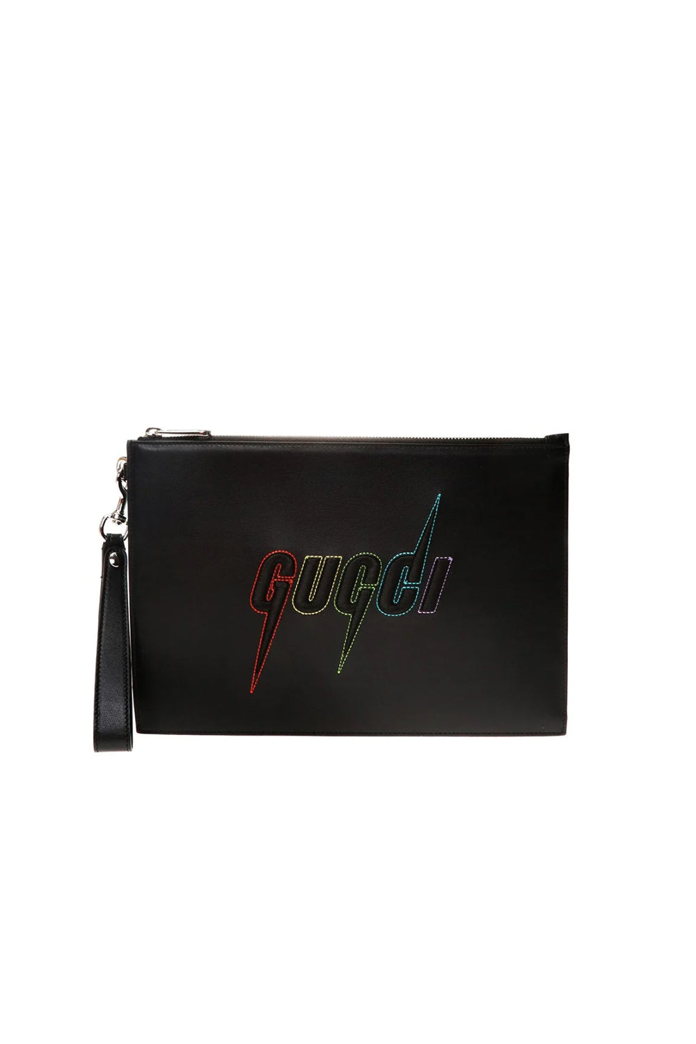 New Gucci Blade Embroidered Black Leather Pouch Wristlet Bag 597678 