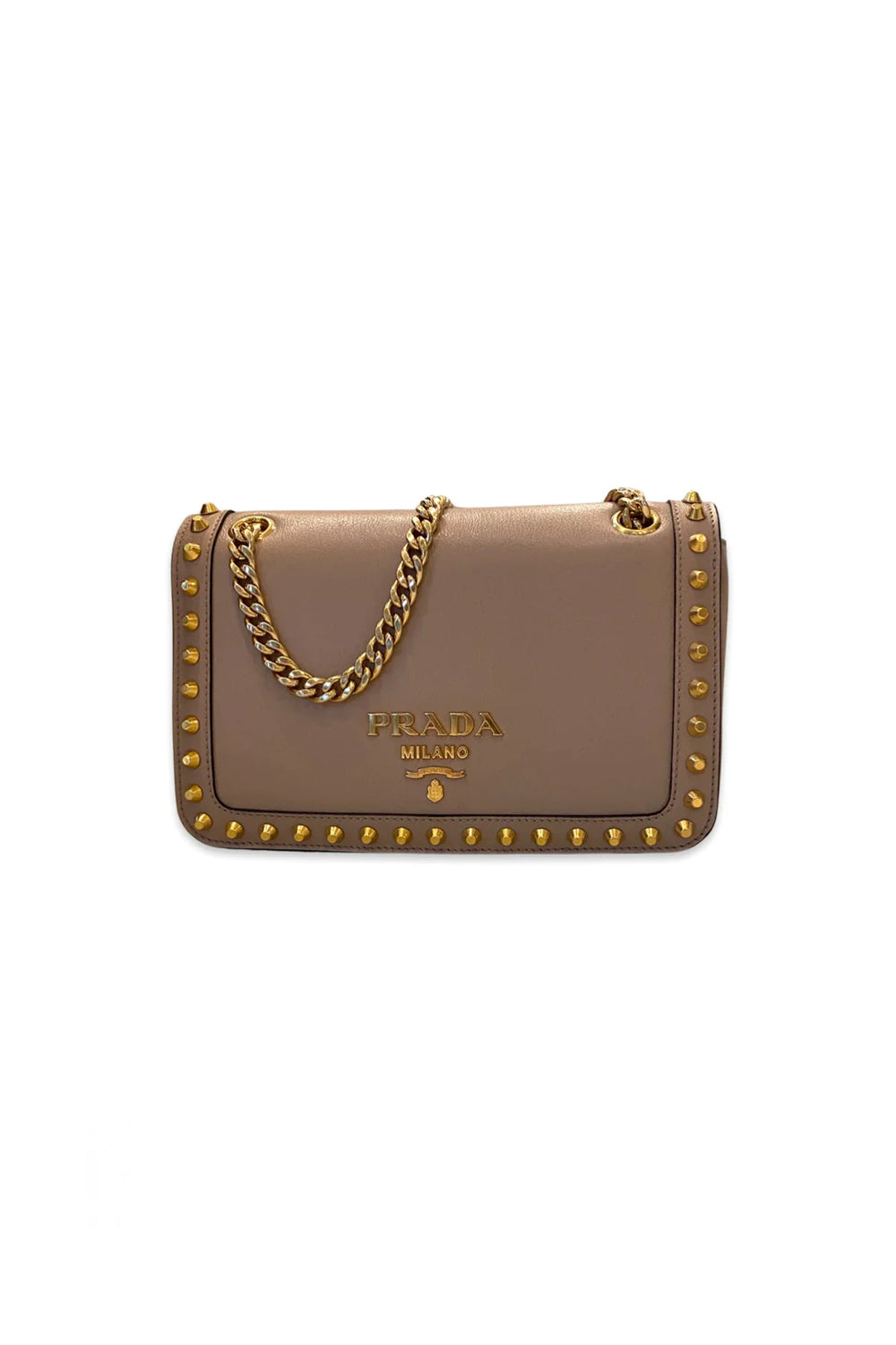 Prada Pattina Glace Calf Leather Cammeo Beige Gold Studded Bag
