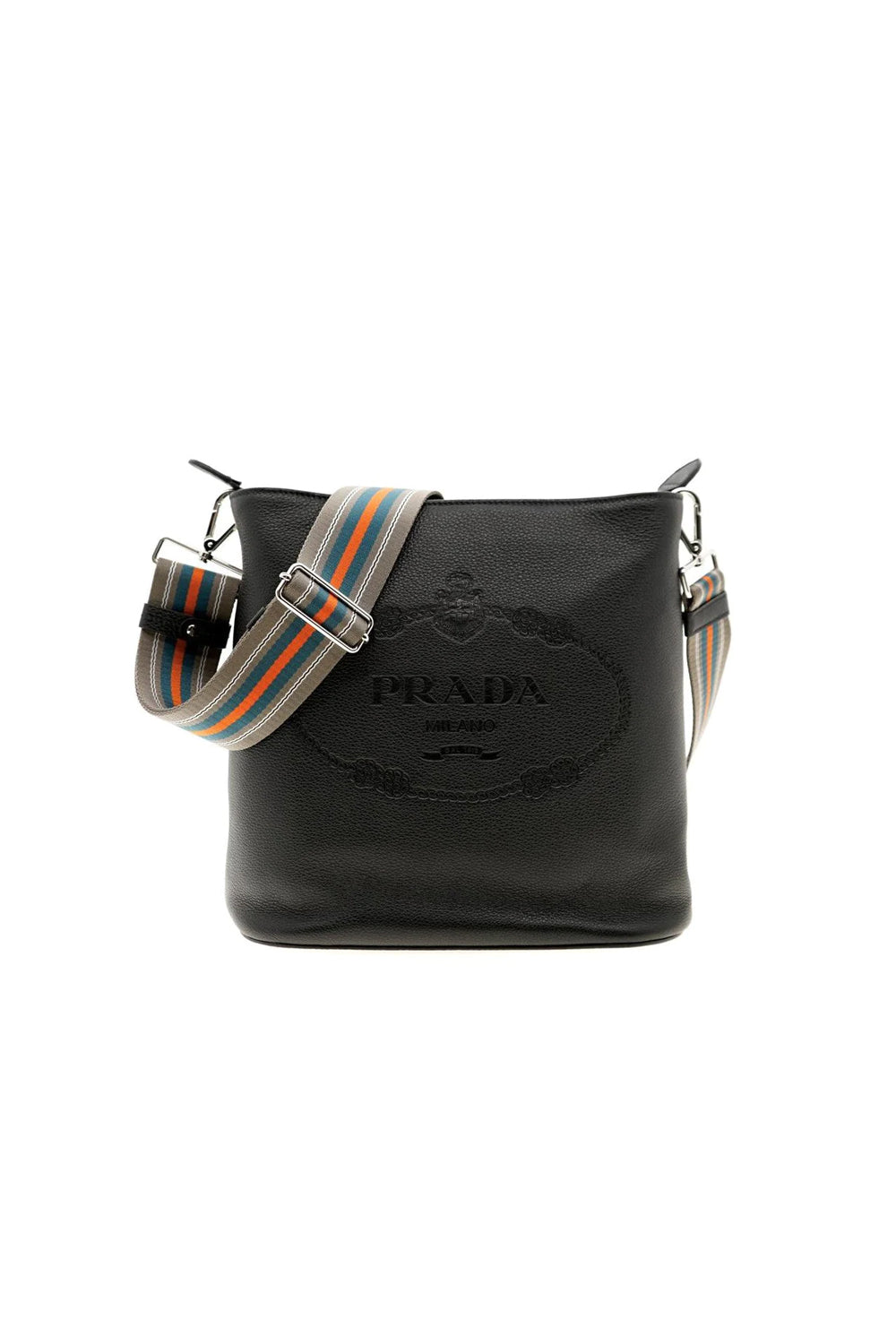 Prada Vitello Phenix Caramel Brown Leather Web Stripe Crossbody Bag
