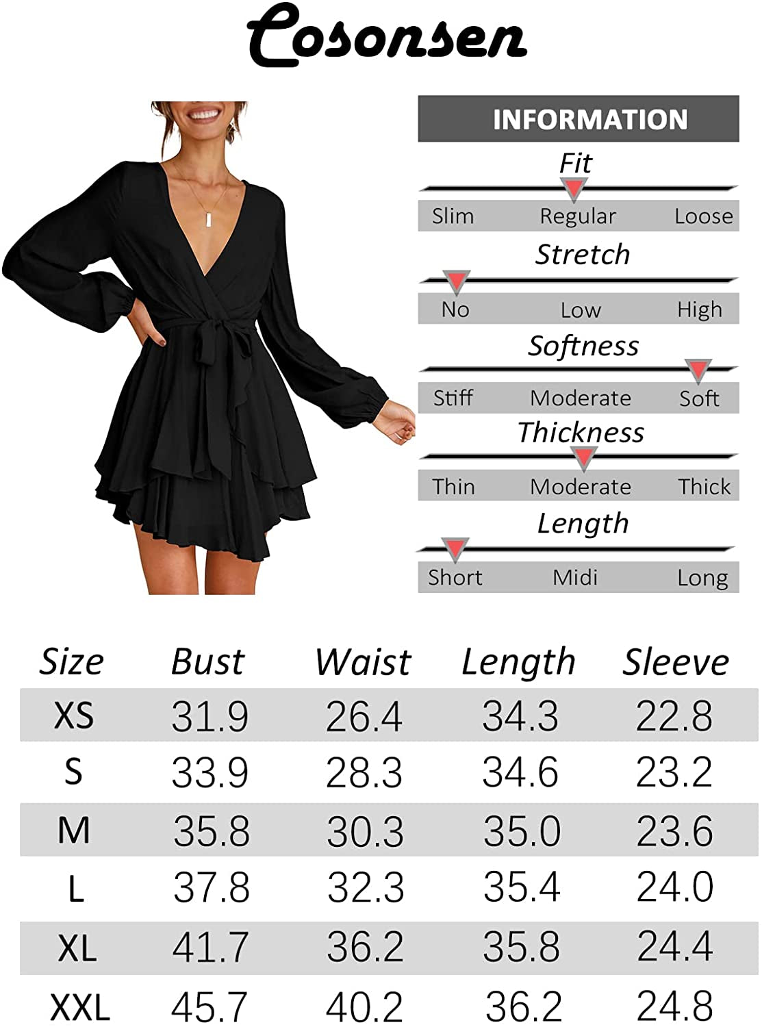 Women'S Dress Deep V-Neck Long Sleeve Waist Tie Ruffle Mini Swing Skater Dresses