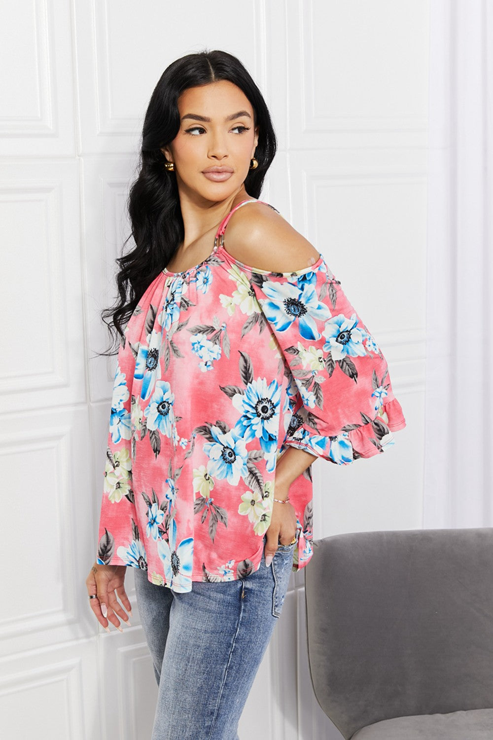 Sew In Love Full Size Fresh Take  Floral Cold Shoulder Top