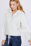 White Long Sleeve Zipper Detail Faux Fur Hoodie Sweatshirt