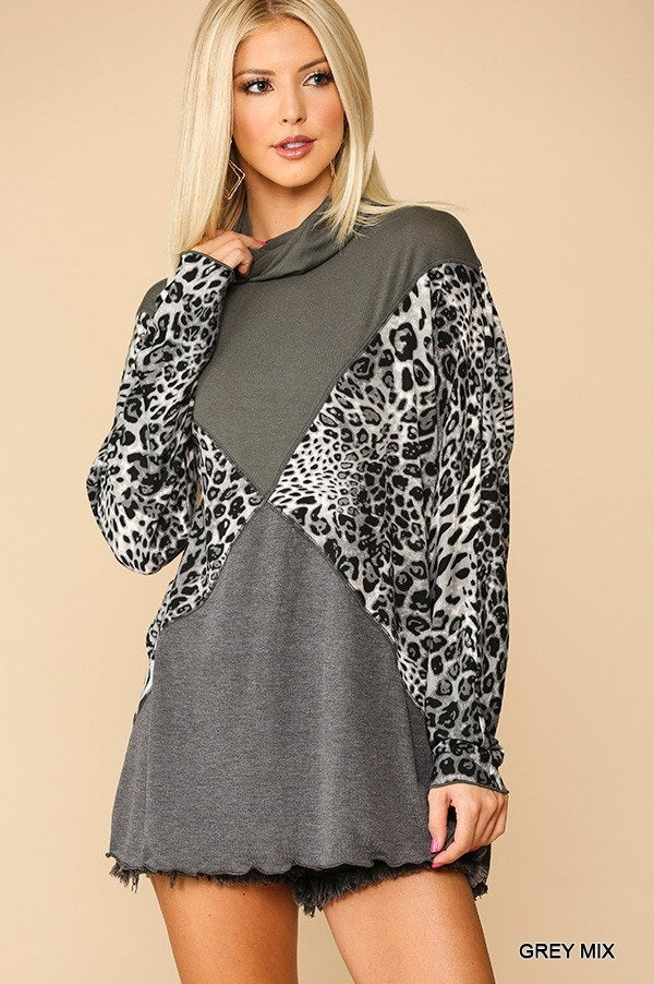 Grey Solid and Leopard Print Turtleneck with Long Sleeves Blouse