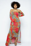 Red Venechia Print Women's Tube Dress With Cardigan Set