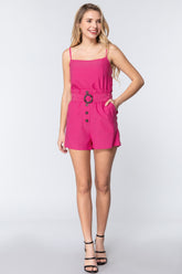 Hot Pink Cami Strap Belted Romper