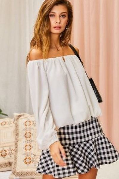 White Shoulder Long Bubble Sleeve Solid Top