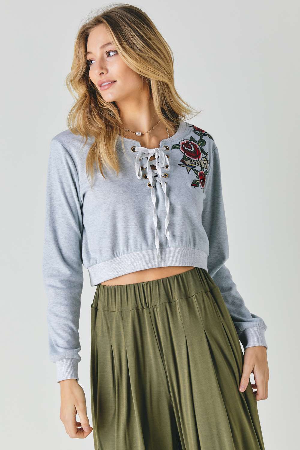 Grey Floral Embroidered Cropped Sweatshirt