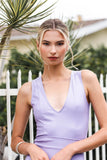 Lavender Leather V-neck Women's Bodysuit & Mini Skirt Set