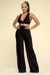 Velvet Plunging Neck Women's Tank Top And Palazzo Pants Set