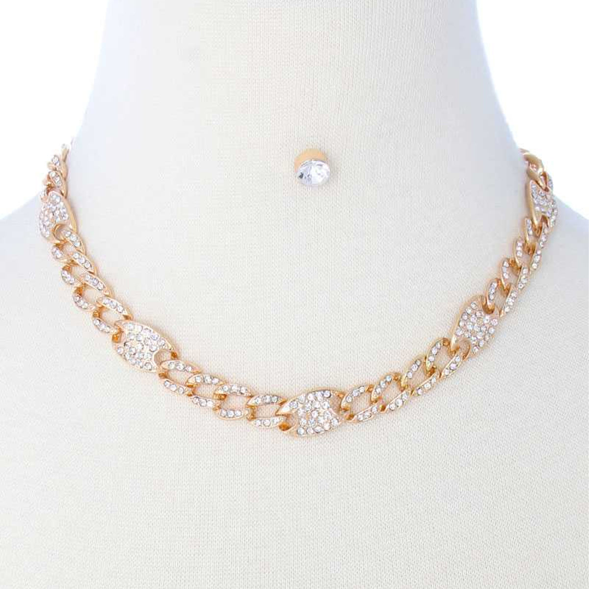 Gold Rhinestone Pave Chain Necklace Earring Set