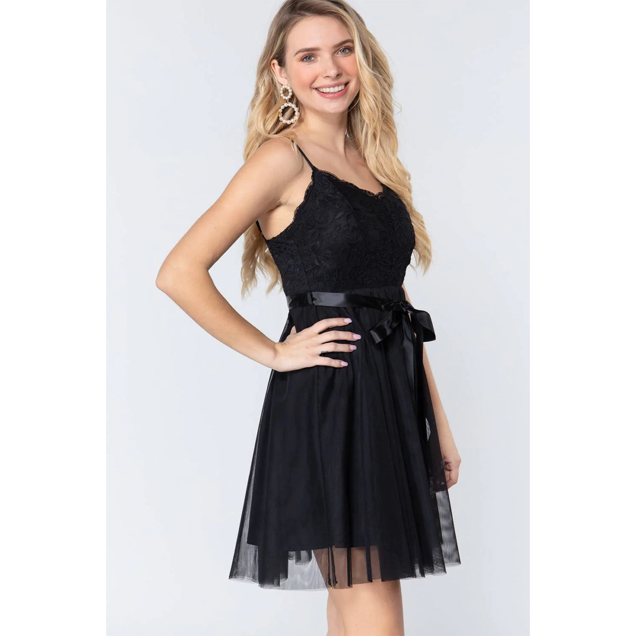 Lace Stiff Meshed Cami Mini Dress in Black