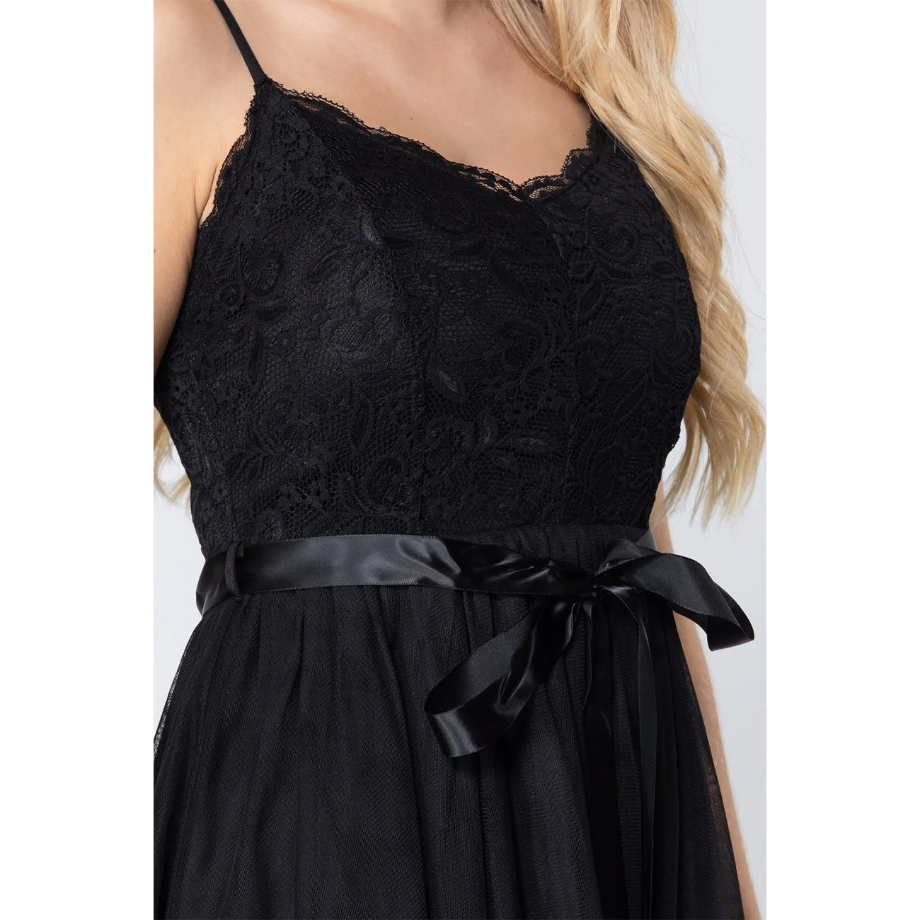 Lace Stiff Meshed Cami Mini Dress in Black