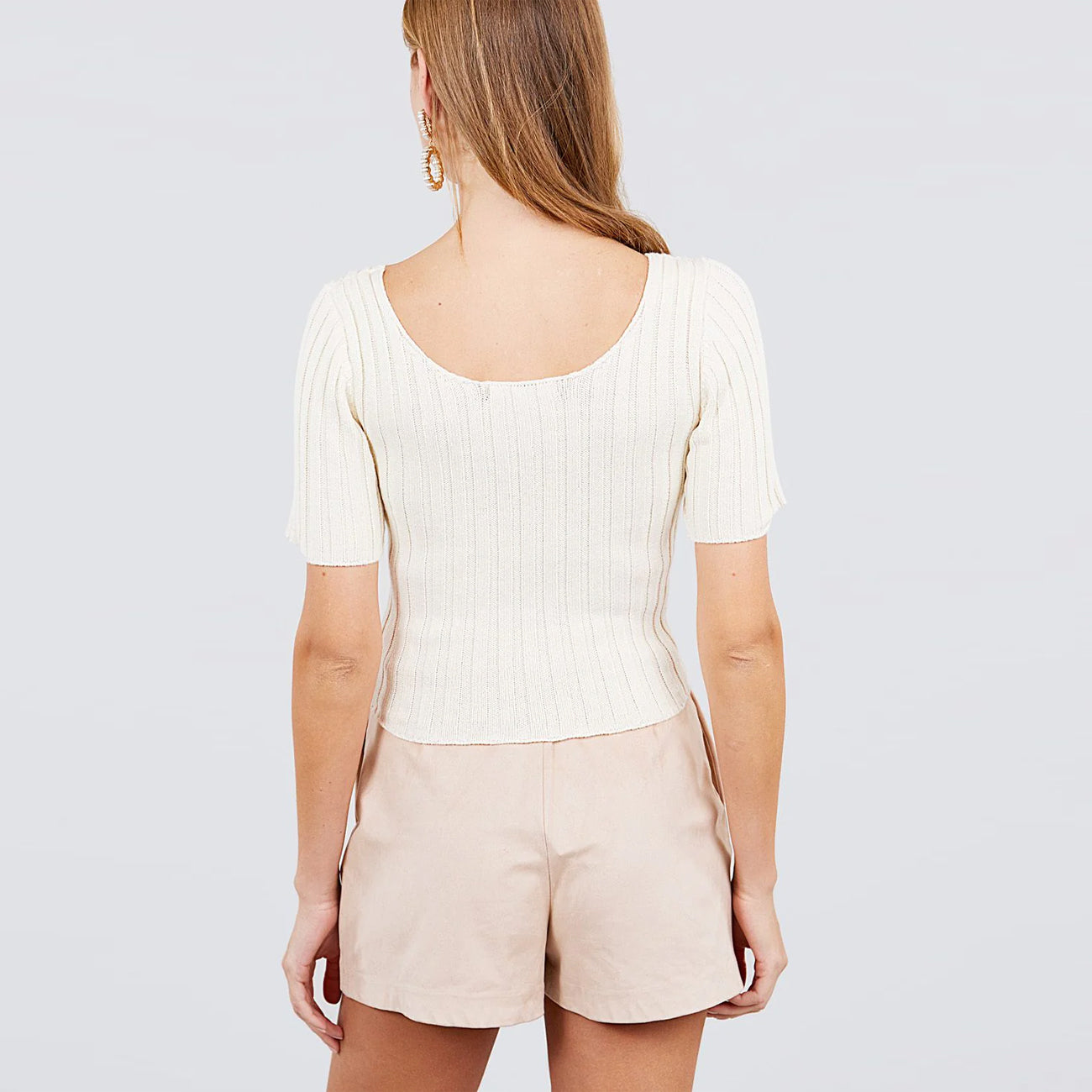 Natural Short Sleeve Rib Cotton Women's Sweater Top