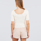 Natural Short Sleeve Rib Cotton Women's Sweater Top