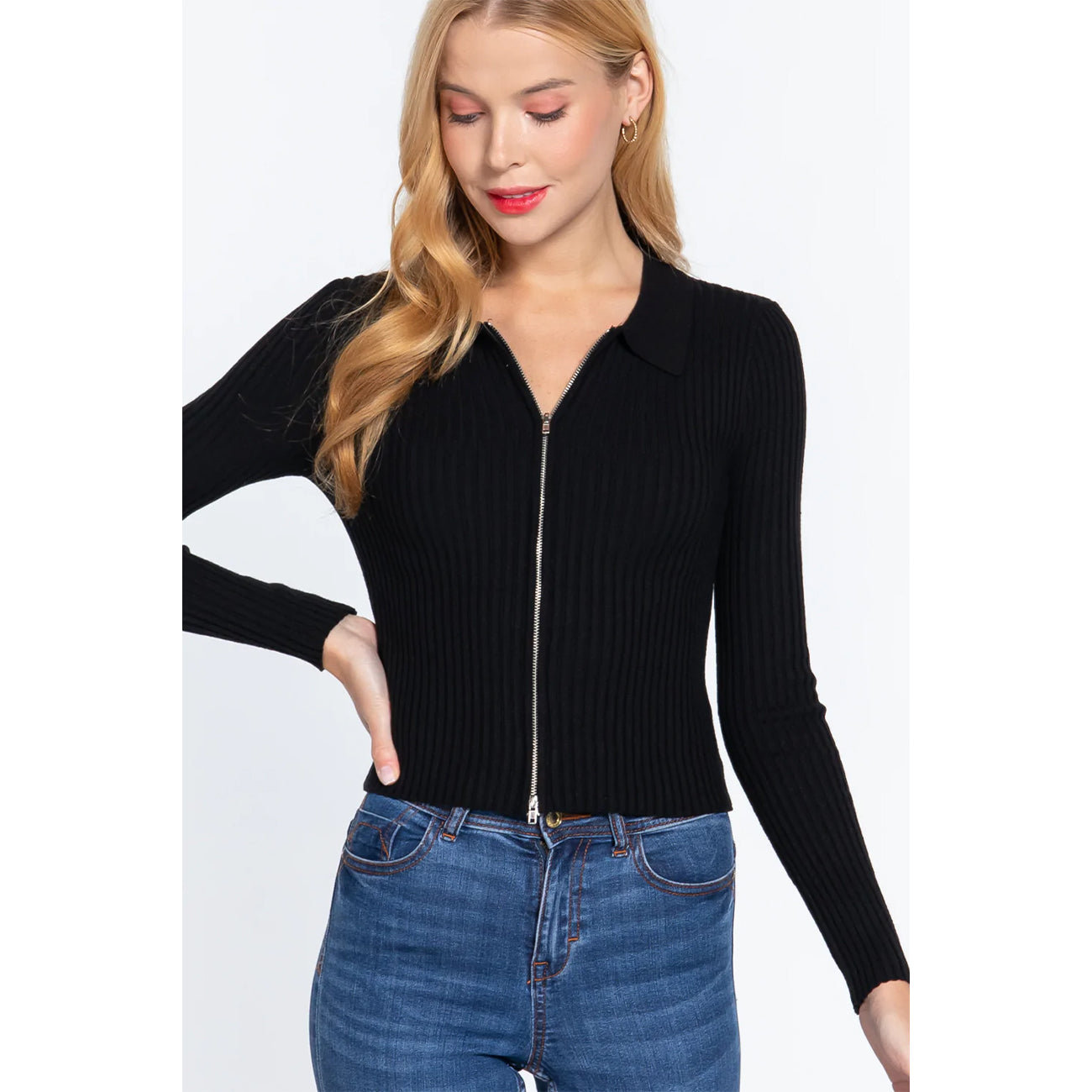 Notched Collar Zippered Sexy Women's Sweater