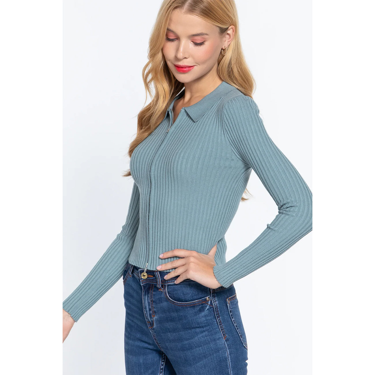 Notched Collar Zippered Sexy Women's Sweater