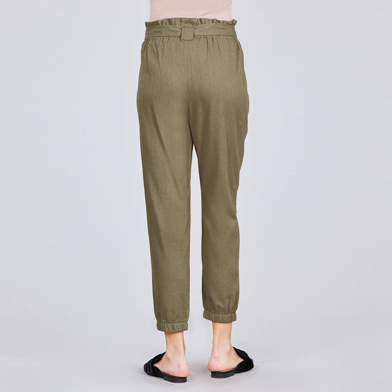 Olive Paper Bag With/ Bow Tie Elastic Hem Pants