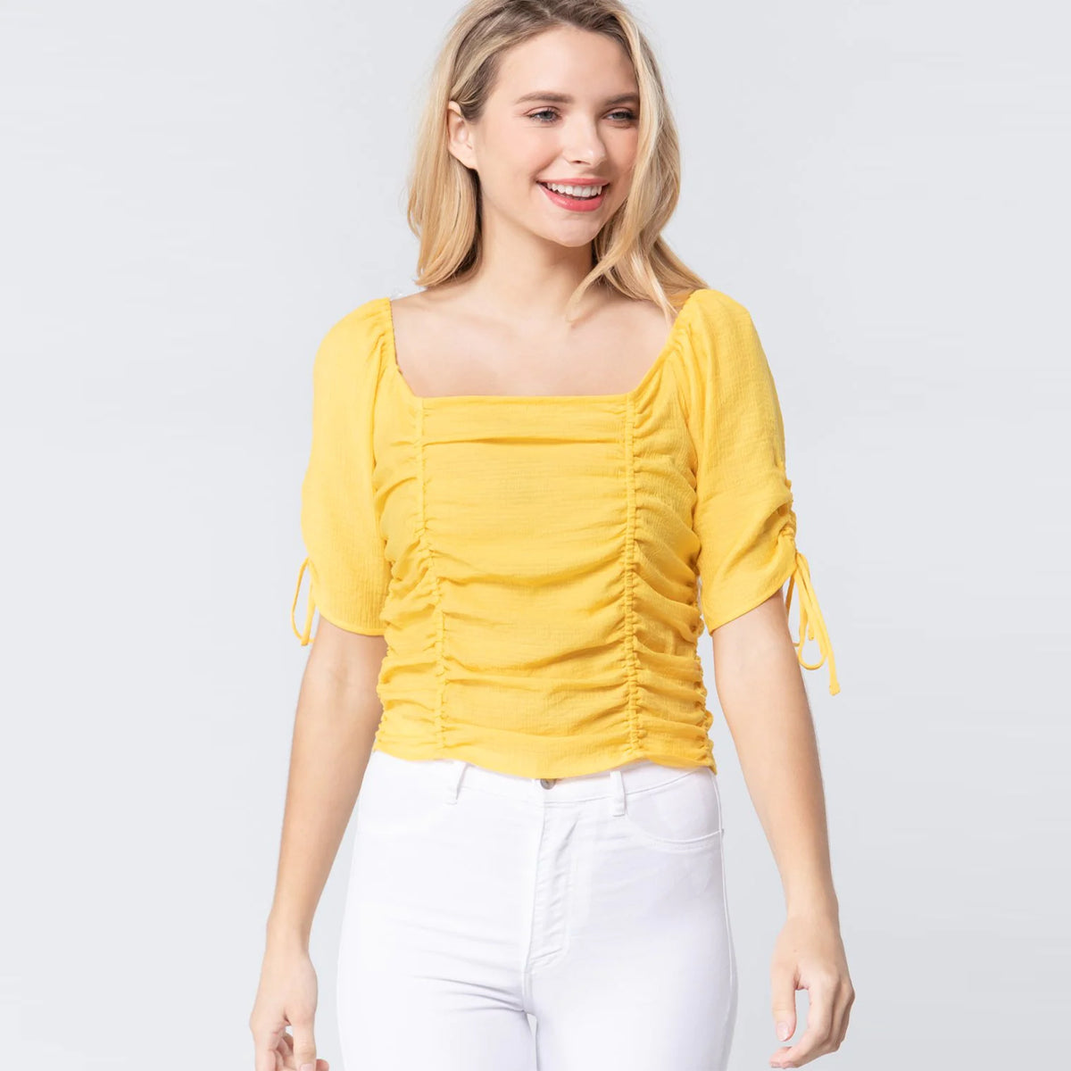 Sleeve Ruched Women Yellow Elbow Top