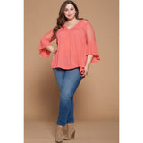 Solid Woven 3/4 Sleeve Plus Women's Babydoll Blouse