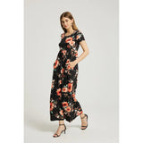Womens Summer Casual Floral Maxi Dress With Pocket-Black