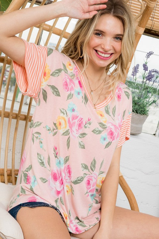 Floral Stripe Mixed Boxy Casual Top