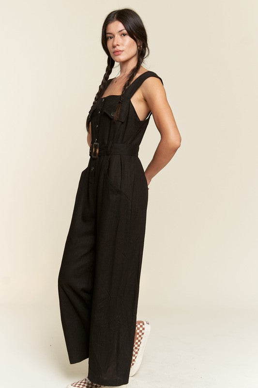 Sleeveless Square Neck Button Ankle Jumpsuit