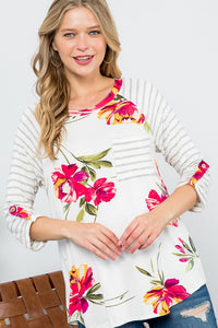 Plus Floral Stripe Mix Baseball Top 