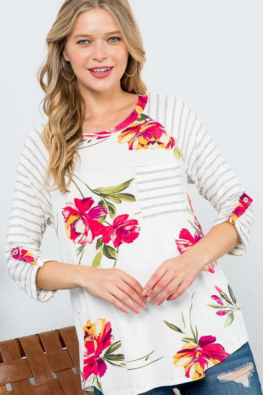 Plus Floral Stripe Mix Baseball Top